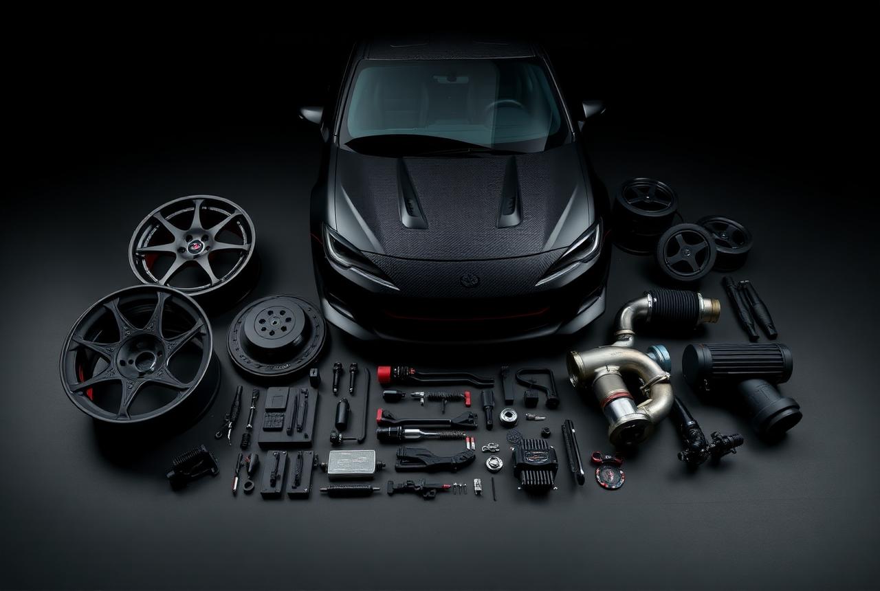 Performance car accessories laid out in a dark studio